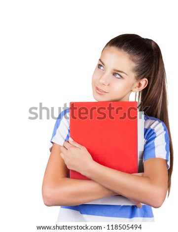 Young positive student girl with books isolated on white background