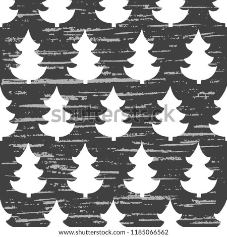 Seamless vector pattern from a handmade, artistic, white Christmas tree on a dark gray background. Illustration with old vintage texture. Beautiful tile, wrap, cover, textiles, postcard, wallpaper des