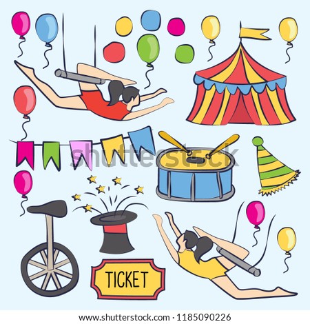 Kids birthday party invitation card with circus theme, vector illustration