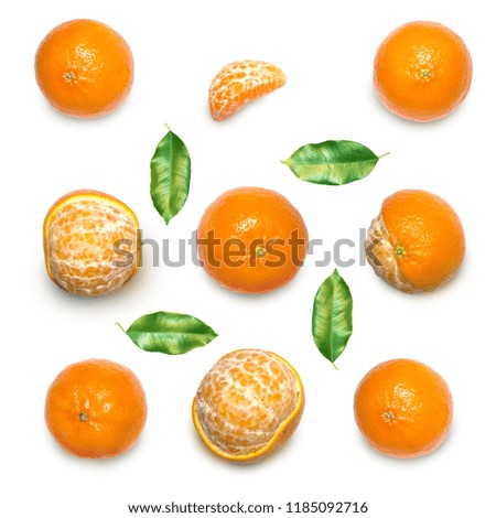 Fresh delicious mandarins, tangerine, clementine isolated on white background. Creative minimalistic food concept. Top view. Flat lay.