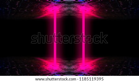 Background of an empty black corridor with neon light. Abstract background with lines and glow