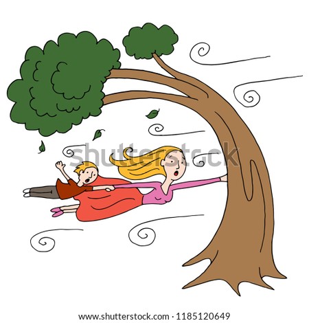An image of a windy day with mother and child clinging to a tree.