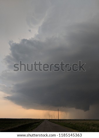 A tornado warned thunderstorm east of Arkansas City, Kansas on May 14, 2018. This storm did produce a tornado about 15 minutes before this picture in Arkansas City. Wall cloud is on the bottom right. 