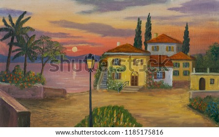 Oil painting of a house at the lake and an illuminated black lantern in the foreground