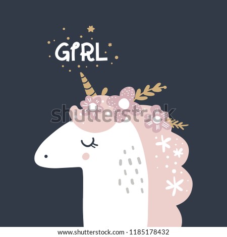 Cute hand drawn girl unicorn pastel nursery art. Pastel colors. Good for prints, birthday invitations, cards. Girl postcard with magical pony, wreath flowers, gold elements. Vector, clip art
