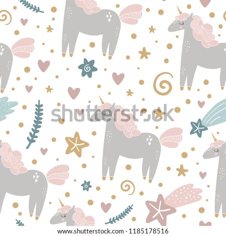 Cute hand drawn girl unicorn pastel nursery pattern. Pastel colors. Good for prints, birthday invitations, cards. Magical pony, floral elements and stars. Vector, clip art