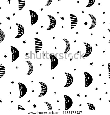 Cute moon and stars pattern. Nursery illustration, good for room decor, wall art, baby shower greeting card, poster, kids apparel and more. Eps, clip art