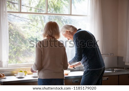 Rear view at middle aged loving couple preparing breakfast together in the kitchen standing at big window, caring mature husband helping senior wife to cook morning meal, old people at home lifestyle Royalty-Free Stock Photo #1185179020