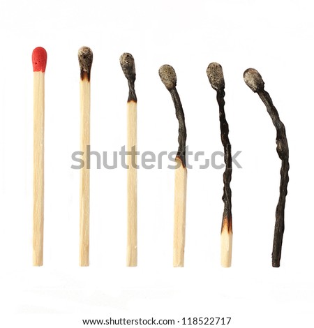Set of burnt match at different stages isolated on white background Royalty-Free Stock Photo #118522717