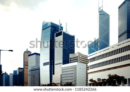 Bottom up view of Modern office building in Hong Kong