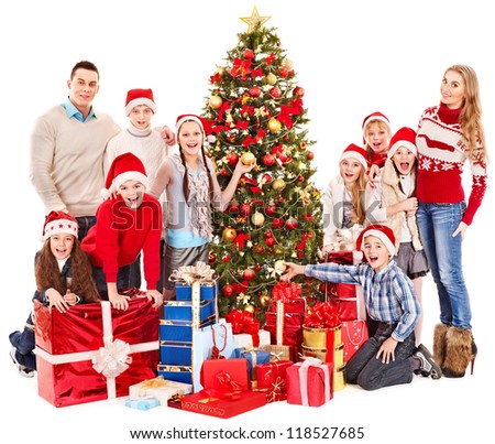 Group of children with Santa Claus and Christmas tree.  Isolated.