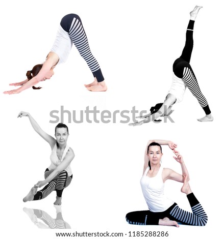 young girl practices yoga, white background, many different poses in one. isolate