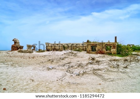 Image of the ruined sites of Ghost Town amidst the remains (named because it was destroyed in Tsunami 2004),Dhanushkodi,Tamil Nadu,India