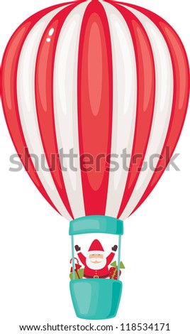 Santa Claus on the airship with gift boxes. Vector cartoon illustration