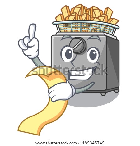 With menu cooking french fries in deep fryer cartoon
