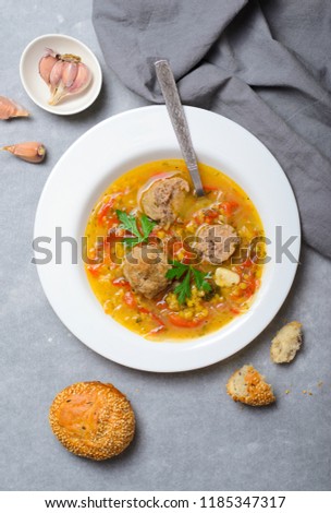 Lentil Soup with Meatballs, Homemade Delicious Meal, Comfort Food