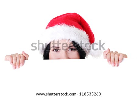 Santa girl holding blank board, isolated on white