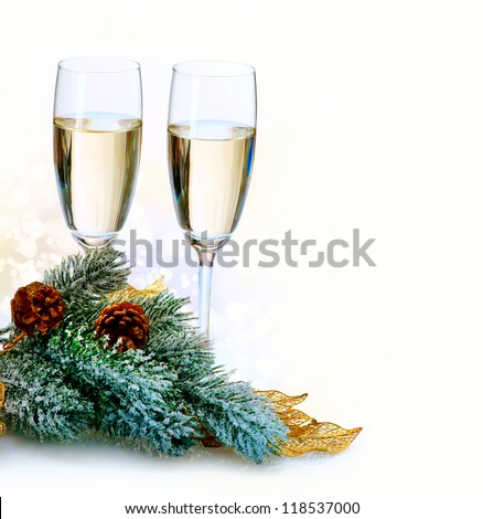 Two Champagne Glasses.New Year Card Design with Champagne. Christmas Celebration. Over White Background
