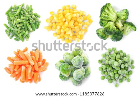 Set with frozen vegetables on white background, top view