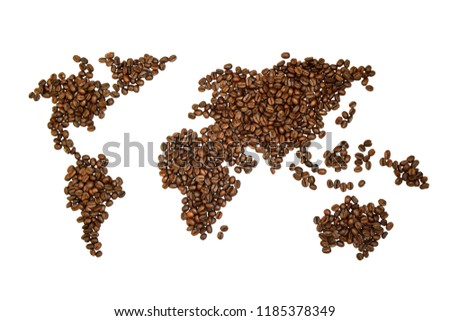 World map picture made with coffee beans, it's high resolution image with white isolated background