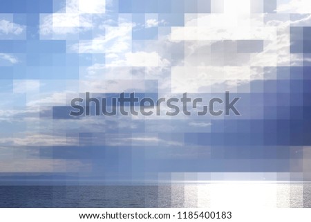 Beautiful landscape before sunset on the sea, in the background you can see the mountains, ripples on the water, the photo is decorated with a square mosaic