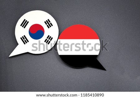 South Korea and Yemen flags with two speech bubbles on dark gray background