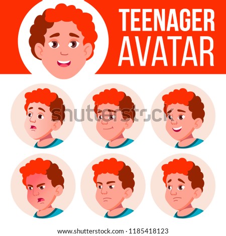 Teen Boy Avatar Set Vector. Face Emotions. Children. Red Head. Fat Gamer. Beautiful, Funny. Cartoon Head Illustration
