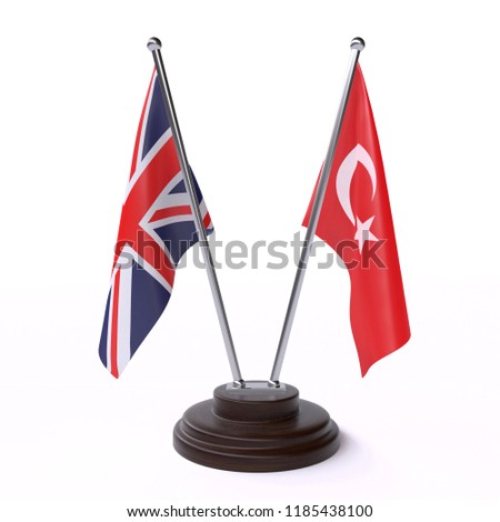  United Kingdom and Turkey, two table flags isolated on white background. 3d image