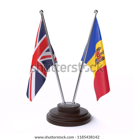  United Kingdom and Moldova, two table flags isolated on white background. 3d image