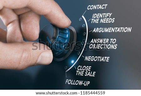 Man turning a button to follow a step by step sales guide. Composite image between a hand photography and a 3D background.