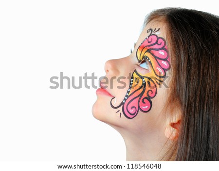 Pretty girl with face painting isolated on white background Royalty-Free Stock Photo #118546048