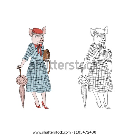 piggy lady dressed up in vintage style, anthropomorphic animal illustration