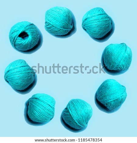 Set of blue hemp threads isolated on blue color background. Colorful Tones, Flat lay. copy space for your text