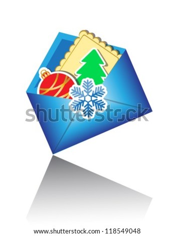 New blue envelope are decorated in snowflakes. card is in the envelope, Christmas toys and Christmas tree made of paper.
