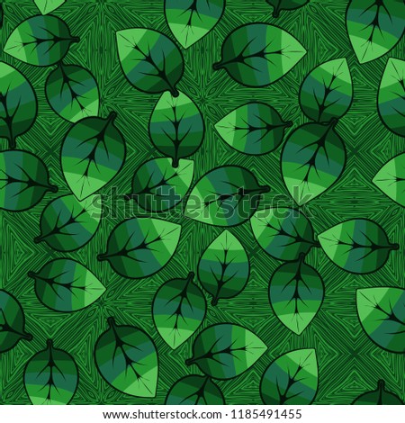 A seamless pattern of leaves arranged randomly on the background of parquet squares.