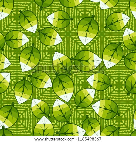 A seamless pattern of leaves arranged in random order on a background of squares consisting of wavy bands.