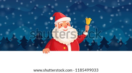 Cartoon christmas Santa Claus. Winter holiday, Happy New Year frame, Santa holding bell or cute Xmas 2019 holiday scene for greeting card, letter vector header banner background