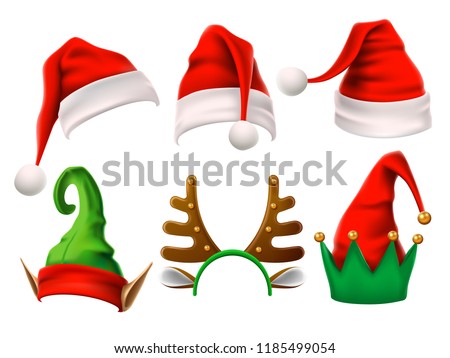 Christmas holiday hat. Funny 3d elf, snow reindeer and Santa Claus hats wearing for noel sign. Elves fur cap clothes, decoration xmas costume cartoon isolated vector icon set Royalty-Free Stock Photo #1185499054