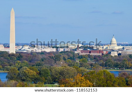 Washington DC skyline in autumn with Washington Monument, United States Capitol building and Potomac River