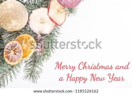 Christmas fir branches on the left side against a white background with text