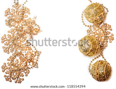 Golden christmas decorations border or frame. Gold Snowflakes, stars; beads and balls