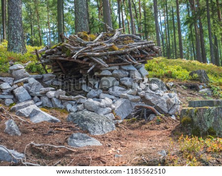 fairy tale house for dwarf in forest build by children from stones, wood and moss, playing in forest, tree background