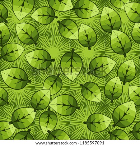A seamless pattern of leaves arranged randomly on a background of square suns.