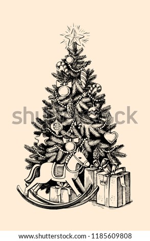 Vector Sketch Christmas Tree with Decoration and Gifts. Vector