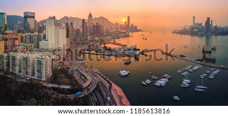 Panorama Aerial bird eye view Photography viewpoint urban landscape sunset traffic at Victoria harbour in Hong Kong