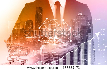 Business people calculating budget before signing real estate project contract .double exposure style house polygon line.shopping online marketing idea.