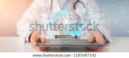 Doctor on blurred background using digital brain scan hologram 3D rendering