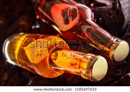 Two beer bottles in charcoal background