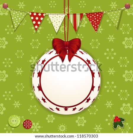 Christmas background with bauble label, bunting and buttons on green snowflakes