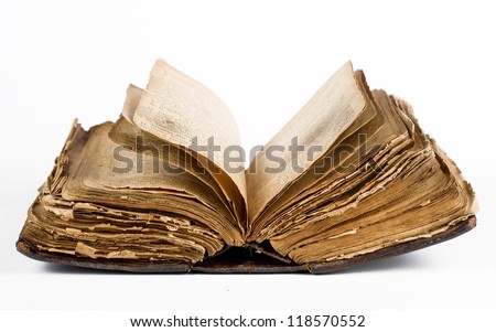 Open old book isolated on white Royalty-Free Stock Photo #118570552